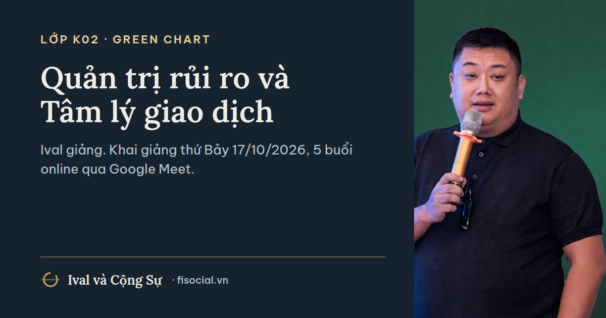 Mr. Ival cầm micro giảng bài, bên trái là tên khóa Quản trị rủi ro và Tâm lý giao dịch và ngày khai giảng 17/10/2026